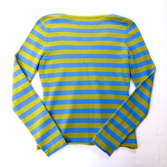 VINCE 100% Cashmere Sweater Womens Large Blue Green Striped V-Neck Luxury Knit - Picture 2 of 11